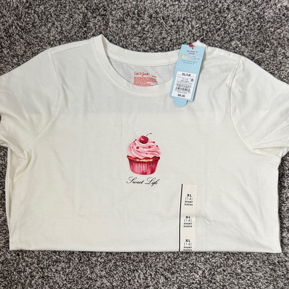 Cat & Jack White Tee with Pink Cupcake Graphic
